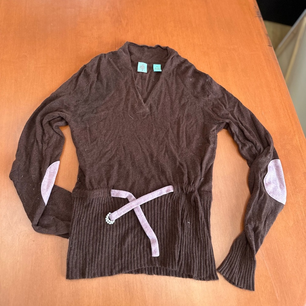 Anthropologie Brown V-Neck Sweater with Pink Accents